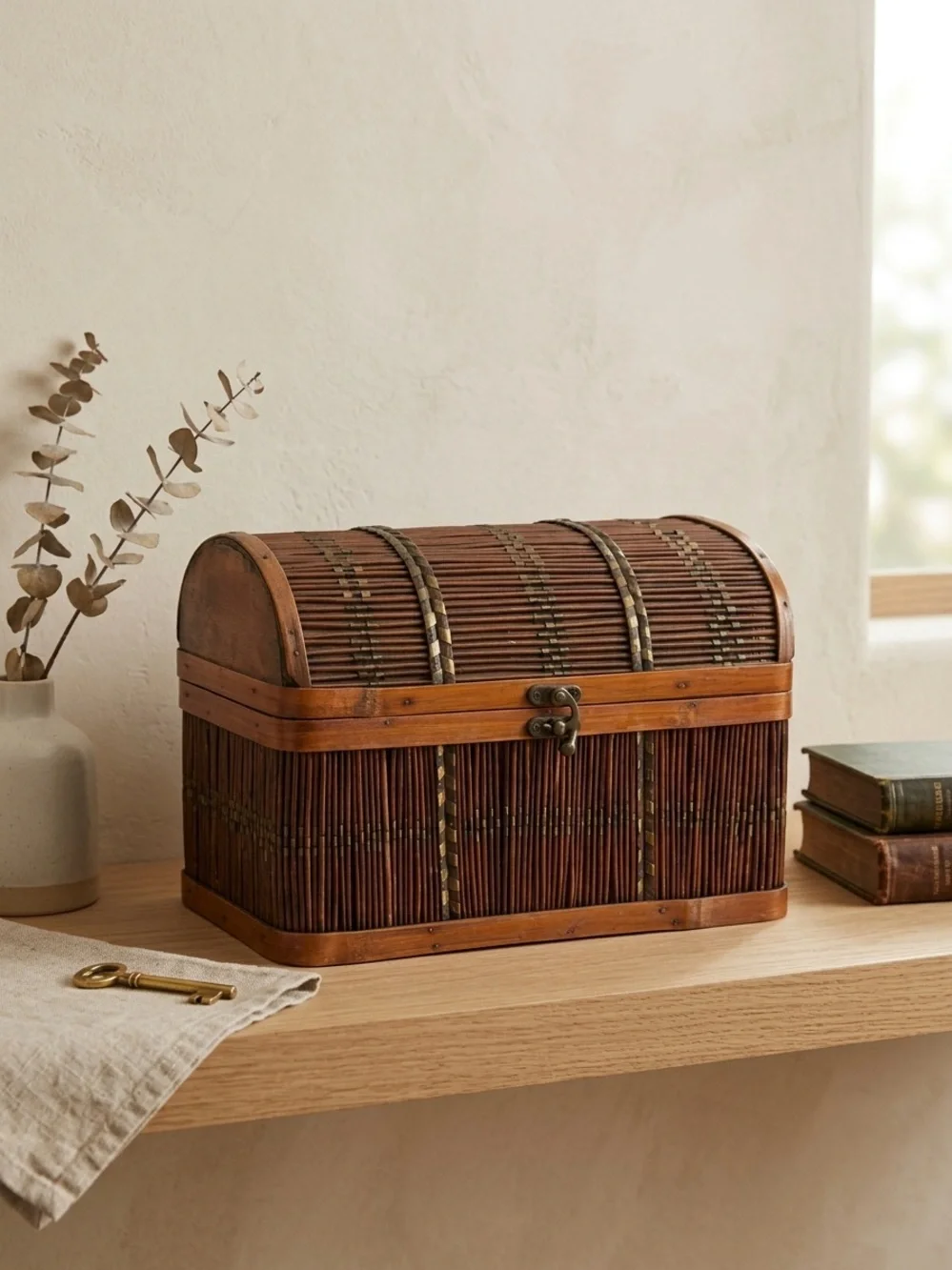 Vintage Wicker and Wood Domed Treasure Chest Trinket Box Storage Decor